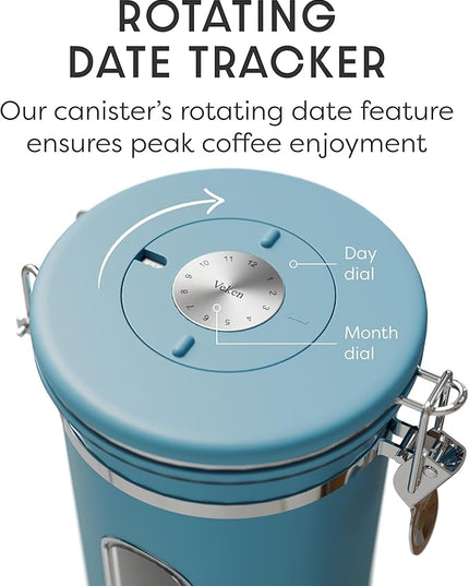 Veken Coffee Canister with Window, Airtight Stainless Steel Kitchen Food Storage Container with Lids, Date Tracker and Scoop for Grounds Coffee, Beans, Tea, Flour, Cereal, Sugar Jars, 22OZ, Blue