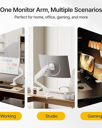 monTEK Single Monitor Arm with USB for Max 45 Inch Ultrawide Screens Adjustable Monitor Desk Mount Holds 35 Lbs Cable Management with C Clamp/Grommet Desk Mount, VESA 75/100mm, MA1007UCWH