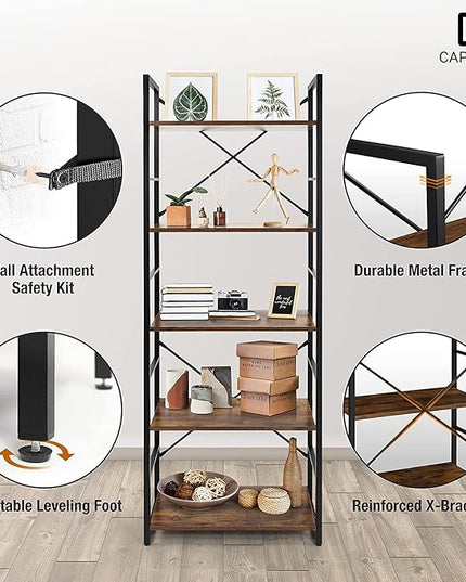 CAPHAUS 6 Tier Bookshelf, 24 Inch Width Free Standing Shelf, Bookcase Shelf Storage Organizer, Industrial Book Shelves for Home Office, Living Room, Kitchen, Rustic Oak Vintage Shelves & Metal Frame