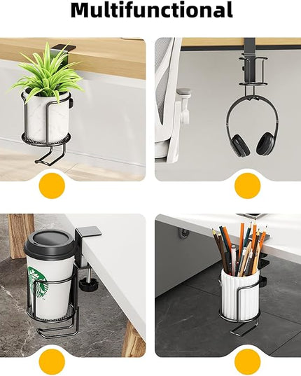 2 Pack 2 in 1 Desk Mug Hooks with Headphone Hanger Holder, Anti-Spill Clip-On Table Mug Hooks with 360° Rotation for Lawn Chair, Office Home Gaming Table