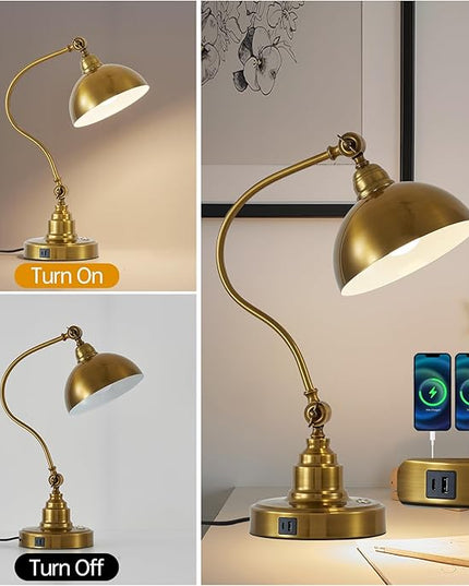 Antique Gold Vintage Desk Lamp Decorative Table Lamp for Home Office Living Room Bedroom Desk Light, Rustic Industrial Farmhouse Antique Library Study Desk Lamp E26 LED Bulb Included