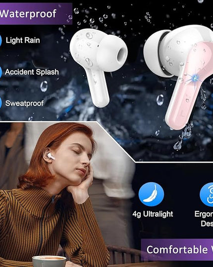 Wireless Earbuds, Bluetooth Headphones 5.4 HiFi Stereo Ear buds with ENC Noise Cancelling Mic, 40H Bluetooth Earbuds with Dual LED Display Charging Case, IP7 Waterproof Earphones for Android iOS, Pink
