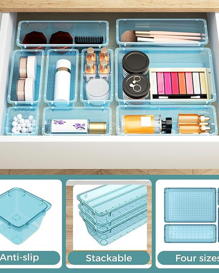 WOWBOX 44 PCS Clear Plastic Drawer Organizer Set, 6 Varied Size storage Bins and Desk Drawer Organizer Trays for Makeup, Gadgets, Jewelry and Utensils in Bathroom, Bedroom and Office, Clear Sea Blue