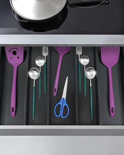 Utoplike Bamboo Drawer Organizer Kitchen Utensils, Adjustable Black Silverware Holder and Cutlery Tray Organiser, Expandable Drawer Divider for Flatware, Knives in Kitchen, Bedroom, Living Room