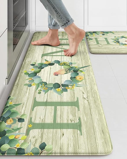 KIMODE Anti Fatigue Kitchen Mats for Floor 2 Piece,Farmhouse Spring Rugs Non Slip,Cushioned Memory Foam Carpet for Sink Laundry Office Bathroom,Green 17"x47"+17"x29"
