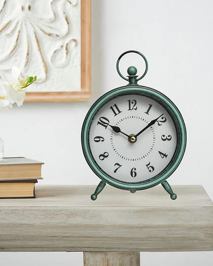 MACVAD Vintage Small Rustic Green Table Clock on Stand - Decorative Desk and Shelf Clock, Battery Operated, Silent Non-Ticking Timepiece Perfect for Office, Living Room, and Bedroom Decor