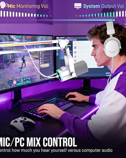 FIFINE Streaming Microphone Kit for Gaming, XLR/USB Dynamic Mic with RGB Boom Arm Stand for Podcast Vocal, PC Microphone with Mute Tap, 3-in-1 Volume Knob, Audio Balance-AmpliGame AM8PROT White