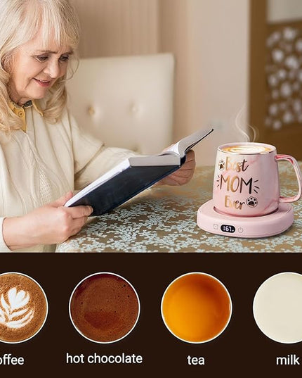 Coffee Mug Warmer & Best MOM Ever Mug Set, Electric Cup Warmer for Desk, Beverage Warmer with 4 Temperature Setting, 8H Auto Shut Off, Mom Gifts from Daughter Son