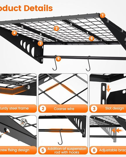 Garage Shelving 2x3ft 4-Pack, Garage Storage Rack 24"x36" Metal Shelves Black Wall Mounted with rods & 6 Hooks, Heavy Duty Wall Shelving Floating Shelves, 1200lbs Total load Capacity