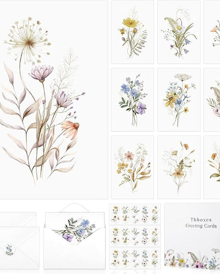 Thboxes Blank Cards and Envelopes, 40 Pack Blank Note Cards 4x6 in Elegant Floral Greeting Card with Sealing Stickers, Note Card and Envelopes Stationary Set for All Occasions (10 Floral Designs)