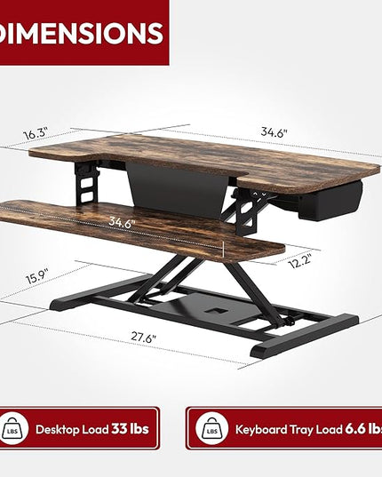 SANODESK Standing Desk Converter with Electric Motor 35" Height Adjustable Desk Riser for Office Home,Monitor and Laptop Workstation with Large Keyboard Tray, Rustic Color