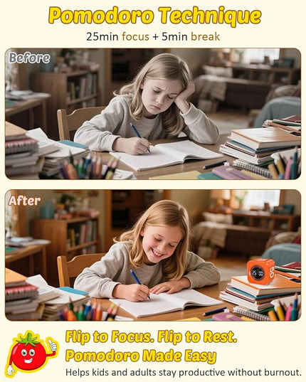 Digital Pomodoro Timer Cube 5/10/25/50min, Visual Productivity Flip Timer for Kids Classroom Desk, Custom Countdown, Silent and Sound Mode for ADHD Study Work Game Kitchen (Orange)