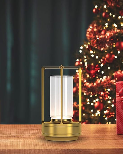 Portable Metal Table Lamp for Indoor/Outdoor ,Rechargeable Cordless LED Lamp, 3-Colour Infinitely Dimming Battery Powered Small Desk Lamp, Restaurant/Bedroom/Bar/Coffee Shop/Camping Light (Gold)