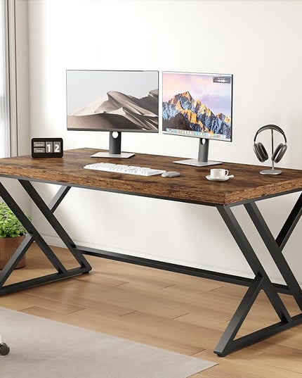 LVB Rustic Computer Desk, Metal Wood Home Office Desk, Industrial Simple Study Executive Desk for Writing Work, Wooden Student Gaming Computer PC Table with Storage for Bedroom, 55 Inch, Rustic Brown