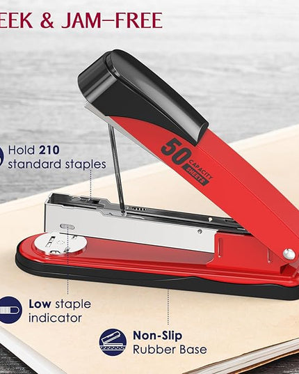 Metal Stapler Heavy Duty 50 Sheet Capacity with 1750 Staples and Staple Remover, Full Strip Staplers for Desk, No Jam, Non-Slip for Office & Classroom, Red