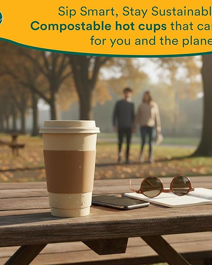 ECO SOUL 50 Pack 12 oz Disposable Coffee Cups with Lids & Sleeves Eco-Friendly, Biodegradable, Compostable, Leak-free & Sturdy To Go Hot Drink Cup for Tea, Chocolate Party Travel Cafe Office & Home