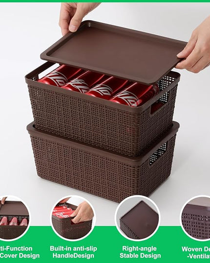 6 Pack Plastic Storage Baskets With Lids,Brown Breathable Stackable Storage Bins,Small Storage Containers,for Organizing Storage Baskets on Desktops,Closets,Playrooms,Classrooms,Offices