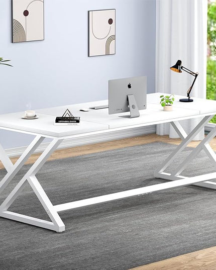 LVB White Long Computer Desk, Modern Large Wood Metal Office Desk, Farmhouse Pc Study Work Writing Desk for Two Person, Rustic Double Workstation Executive Desk for Home Bedroom Living Room, 70 Inch