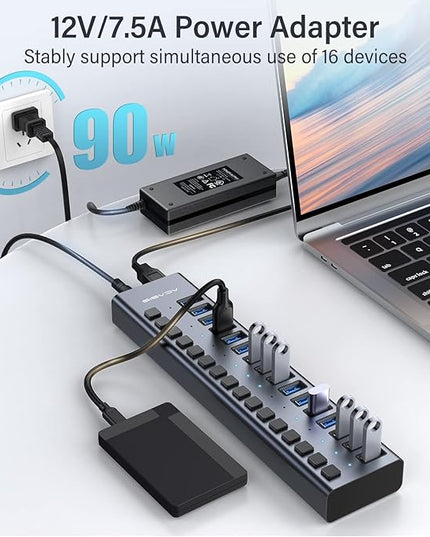 Powered USB 3.0 Hub, ACASIS 16 Ports USB 3.0 Hub with 5Gbps Data Speed，Aluminum Housing, USB Hub Powered with 90W Power Adapter, USB Hub for PC/Laptop, Computer, Flash Drive, Printer, Camera