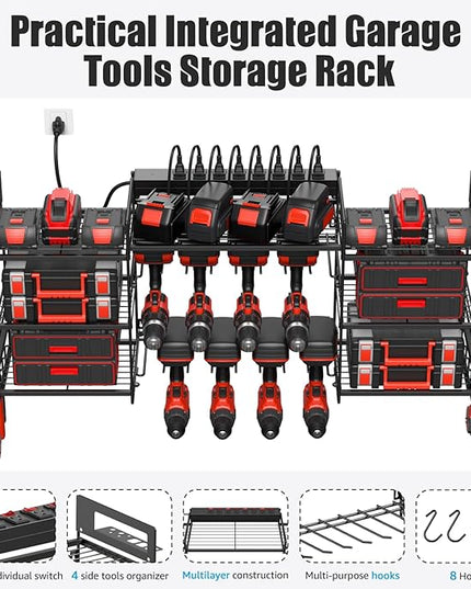 CCCEI Black Power Tool Organizer Wall Mount, Large Tools and Battery Storage Rack Charging Station Individual Switches. Drills Holder, Garage Utility Shelves with 6FT Power Strip. Gift for Men.