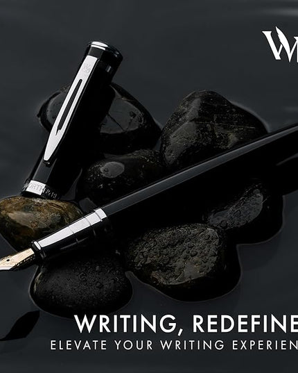 Wordsworth & Black Fountain Pen Set, Medium Nib, Includes 24 Pack Ink Cartridges, Ink Refill Converter & Gift Pouch, Chrome Finish, Calligraphy, [Black Chrome], Perfect for Men & Women