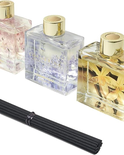 COCORRÍNA Reed Diffuser Set of 3-3 Pack/ 3.04 Fl.oz Diffuser with 24 Sticks Warm Vanilla/Cherry Blossom/Lavender Thyme Reed Diffuser for Home Bathroom Office Shelf Decor