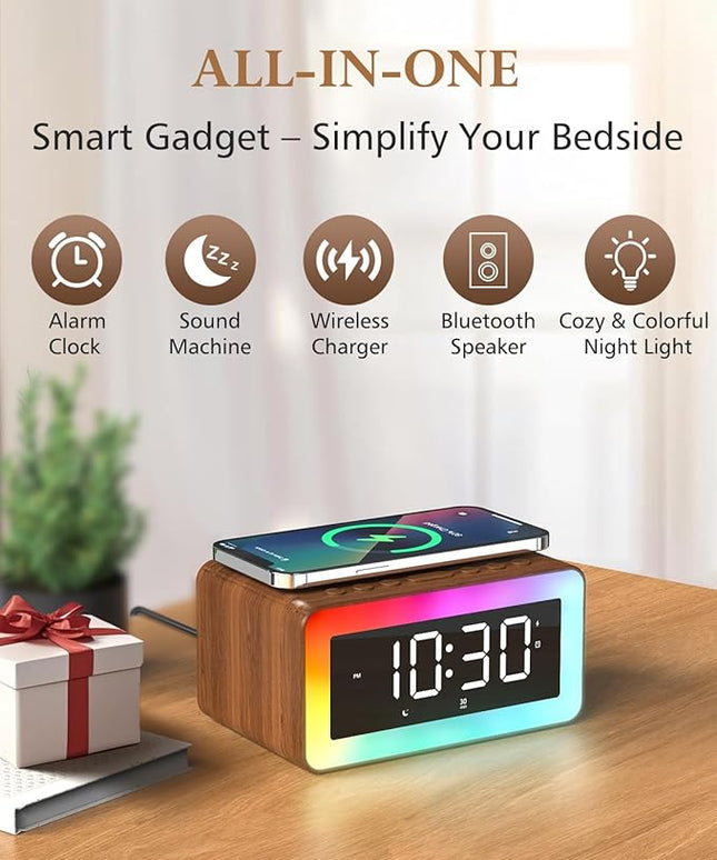 Digital Alarm Clocks for Bedrooms, Bluetooth Speaker, Alarm Clock with Wireless Charging, White/Brown Noise Sound Machine for Sleep with Night Light Wooden Vintage Decor Birthday Gifts for Men, Women