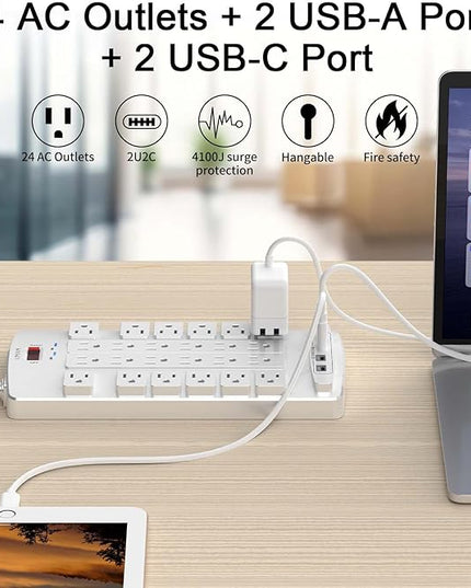 QINLIANF Surge Protector Power Strip - 6Ft Flat Plug Heavy Duty Extension Cord with 24 Outlets and 4 USB Ports(2 USB-C Ports), 1875W/15A, 4100J, for Home, Office, Dorm, ETL Listed, White
