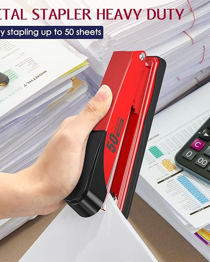 Metal Stapler Heavy Duty 50 Sheet Capacity with 1750 Staples and Staple Remover, Full Strip Staplers for Desk, No Jam, Non-Slip for Office & Classroom, Red