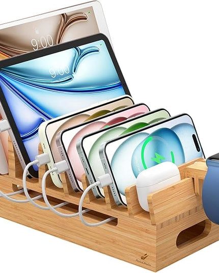 Pezin & Hulin Bamboo Charging Station with Watch Stand, Docking Holder for Multi Device with 5 Charge Cables, Desktop Dock Stations Electronic Organizer for Cellphone, Tablet, Watch-Natural Bamboo