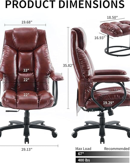 Office Chair Big and Tall, High Back Ergonomic Office Chair with Padded Armrest, 400 lbs,PU Leather (Brown)