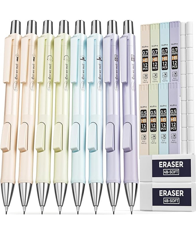Nicpro 8PCS Pastel Mechanical Pencil 0.5 & 0.7 mm, Cute Fast Click Mechanical Pencils Set with 8 Tubes HB Lead Refills, Erasers for Drafting, School Student Writing, Drawing, Sketching -with Case