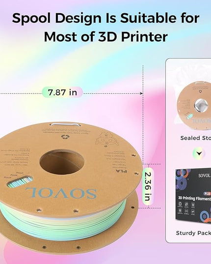 Sovol 3D Printer Matte Multicolored Fast Change Rainbow PLA 1kg (2.2 lbs) Spool 3D Printing Materials, Dimensional Accuracy +/- 0.03 mm, 1.75 mm, Matte Macaron Rainbow