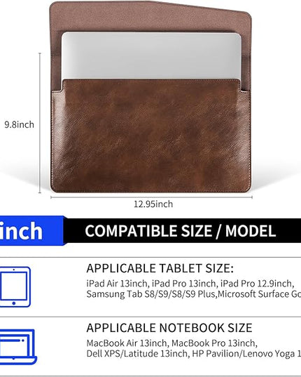 13 inch Genuine Leather Laptop Sleeve for MacBook Air 13 inch M4 M3 M2 M1 2025-2018 & MacBook Pro 13 inch M2 M1 2025-2016，Protective Case Cover with Magnetic Closure,Dark Brown
