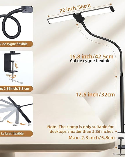 Led Desk Lamp for Home Office, Eye-Care Architect Light with Clamp, Smart Double Head Computer Monitor Table Clip Lamp, Adjustable Flexible Goose-Neck, 25 Lighting Models, Task Lamp, Black