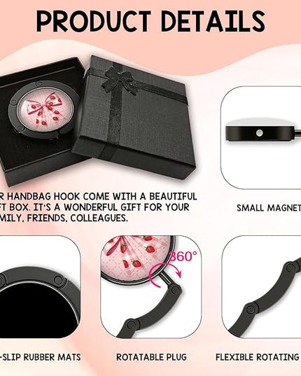 YAZMEEN Pink Bow Foldable Purse Hook for Table, Strawberry Bow, Women's Handbag Hanger Holder, Portable Purse Table Hanger, Funny Desk Hook Gifts for Women Mom Wife Sister Friend Bestie Colleague