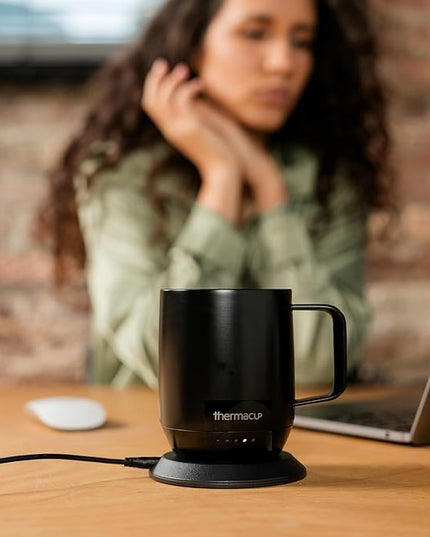 THERMACUP Mega 8-Hour Battery Self-Heating Coffee Mug with | Temperature Controlled Steel Smart Mug with Lid, 14oz (12oz with Lid) | Perfect Holiday Gift for Coffee & Tea Lovers