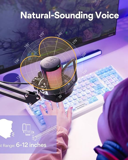 MAONO Gaming USB Microphone, Noise Cancellation Condenser Mic with Mute, Gain, Monitoring, Boom Arm Mic for Streaming, Podcast, Twitch, YouTube, Discord, PC, Computer, PS4, PS5, Mac, GamerWave DGM20S