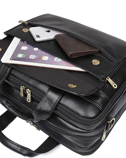 Augus Leather Briefcase for Men Business Travel Messenger Bags 15.6 Inch Laptop Bag, Black