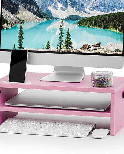 Marbrasse Monitor Stand Riser, 16.5 Inch 2 Tier Computer Printer Shelf Stand for Laptop Computer Screen Storage, Desktop Stand with Phone Holder and Cable Management (Pink)