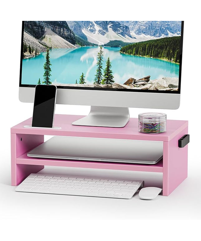 Marbrasse Monitor Stand Riser, 16.5 Inch 2 Tier Computer Printer Shelf Stand for Laptop Computer Screen Storage, Desktop Stand with Phone Holder and Cable Management (Pink)