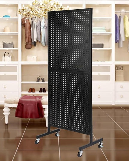 2'x 5' Standing Pegboard Display with T-Base, Pegboard Display Stand with Wheels, Metal Peg Board Display Rack, Art Display Stand, Extra 10 Pieces Hooks - Black