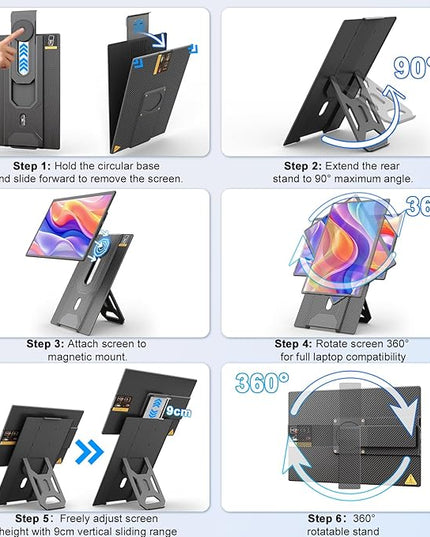 domyfan 16.1'' Laptop Screen Extender, 360° Rotating Detachable Stand/VESA Support, FHD 1200P IPS Portable Monitor, Plug & Play with HDMI/USB-A/Type-C, Compatible Win/Mac/Android