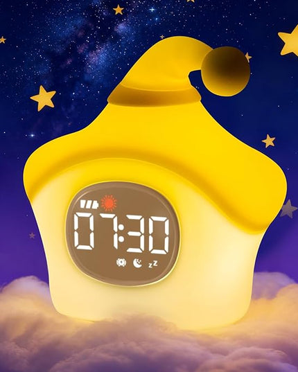 Star Alarm Clock with Night Light for Kids with Sleep Training and Sound Machine, Rechargeable Silicone Lamp OK to Wake Clock，Cute Animal Tabletop Lamp, Perfect Sleep Companion for Boys Girls, Yellow