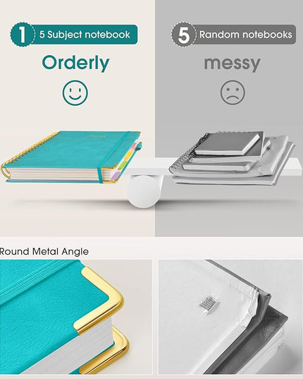 Hardcover Spiral Notebook Journal with Removable Dividers Tabs, 300 Pages Leather 5 Subject Notebook College Ruled, 8"x10" Large B5 Notebooks for Work School Note taking, Lined Journal for Women, Blue