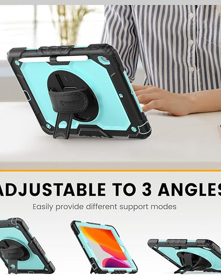 Timecity Case for iPad 9th/ 8th/ 7th Generation 10.2 inch - Heavy Duty Protective Cover with Screen Protector, Rotating Stand, Shoulder Strap & Pencil Holder | Kids-Friendly (Blue)