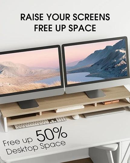 Fenge Dual Monitor Stand for Desk, 42.5in Large Monitor Riser for 2 Monitors, 2 Tier Computer Office Desk Top Shelf, Desktop Storage Stand for Laptop, PC, Computer, Printer