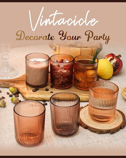 Drinking Glasses, Melanin Colored Highball Glasses Set of 6, Ribbed Glassware Glass Cups, Water Glasses for Juice, Iced Coffee Cups, Cocktail Glasses - Christmas Gifts - 8.5 oz