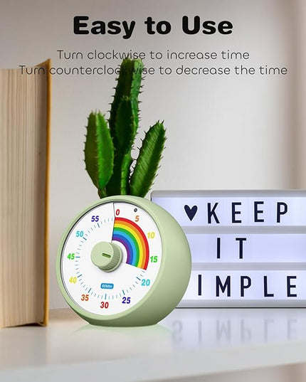 Visual Timer for Kids, 60-Minute Countdown Timer for Classroom Office Kitchen, Desk Timer Kids Time Management Tools with Silent Operation, Pomodoro Time Rainbow Pattern (Grass Green)