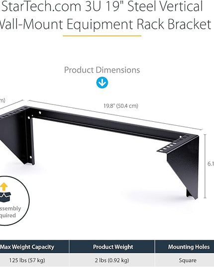StarTech.com 3U 19" Wall Mount Vertical Rack Bracket, Wall Mount Patch Panel Bracket for Data/AV/IT/Computer Equipment, 3U Rack for Cabinet or Server Room, Supports 150lb (68kg) , TAA (RK319WALLV)